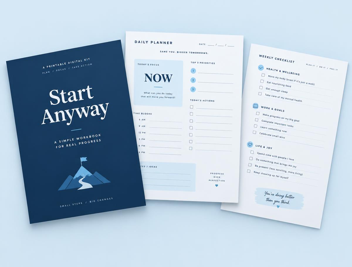 Start Anyway workbook cover, One-Page Day and checklist pages